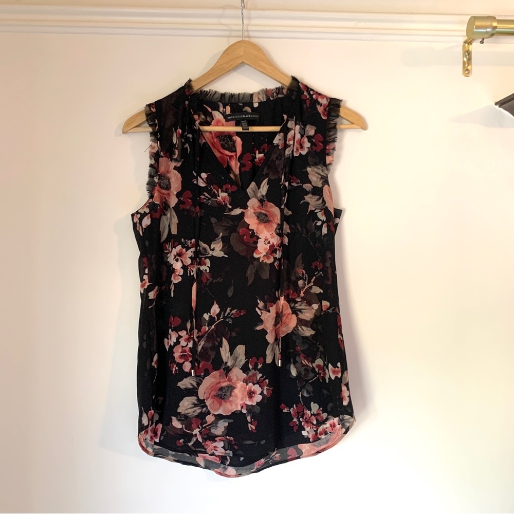 WHBM Sleeveless Dark Floral Ruffle Blouse